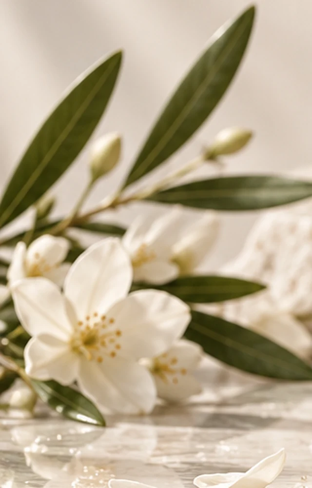 white flowers and olive green leaves in warm natural light