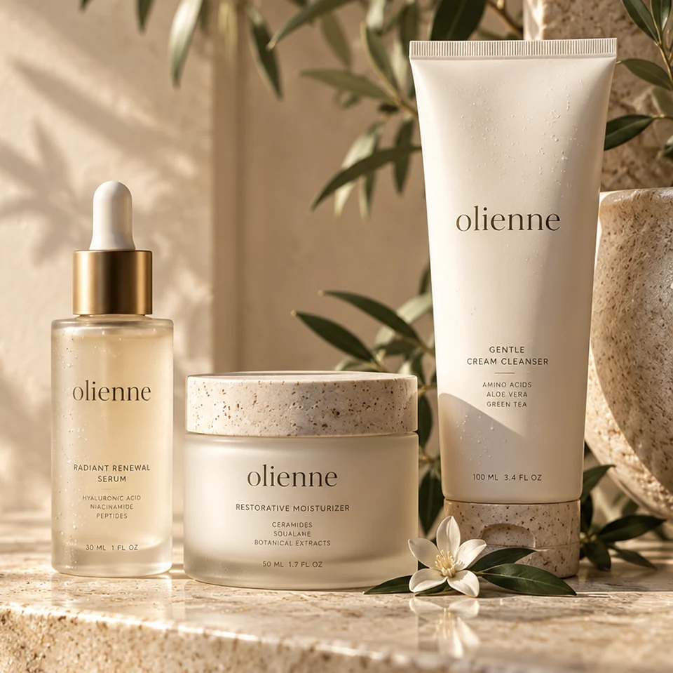 the olienne collection on sunlit stone with white flowers